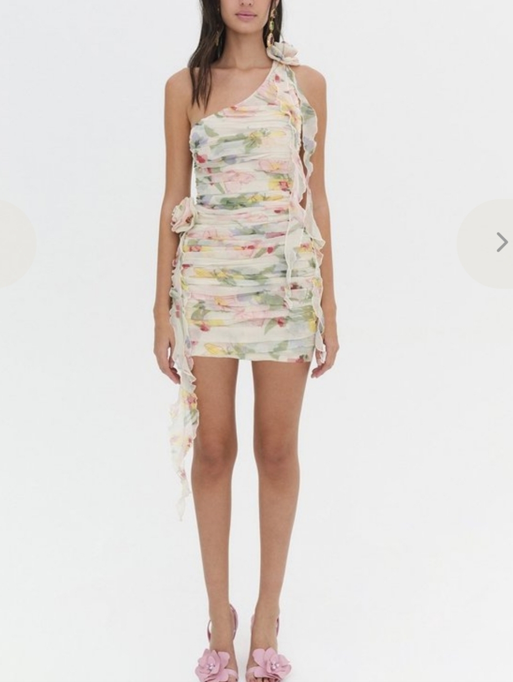 For Love & Lemons One-Shoulder Floral Mini Dress in Pink& Cream size L like new